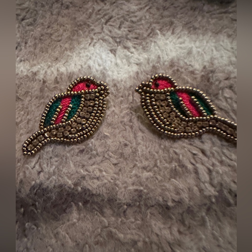 Beaded Red Embellished Bird Earrings